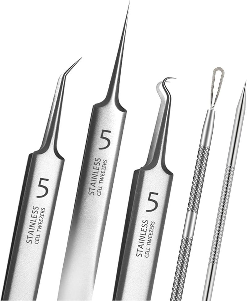BLAAROOM 5pcs Blackhead Remover Tweezers Pimple Popper Tool Kit, Precision Acne Needle Comedone Blackhead Tweezers Extractor Removal Whitehead Popping Zit for Nose Face Skin Blemish Extractor Tool - Image 1